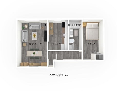Floor plan for 1 bed, 1 bath, 557 sqft